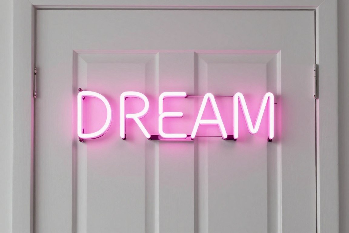 neon style LED sign on bedroom door with motivational word