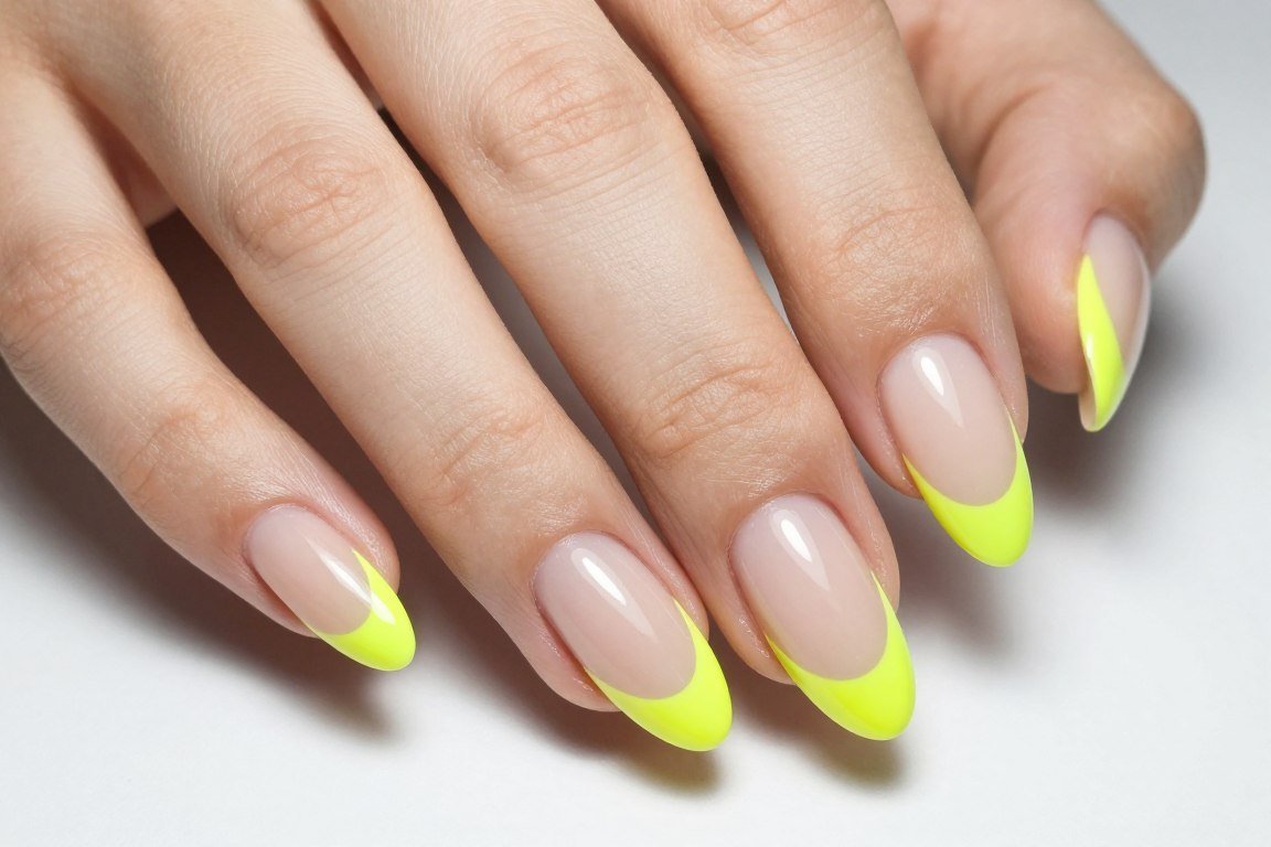 neon yellow french tip nails on nude base