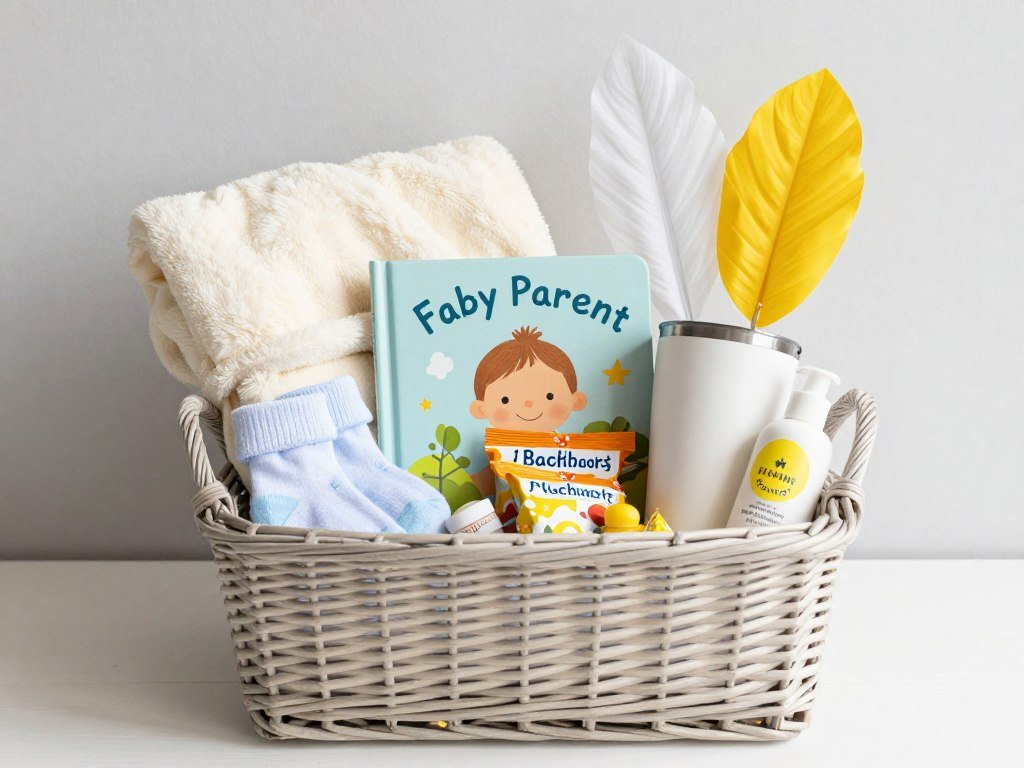 new parent gift basket with baby items and treats