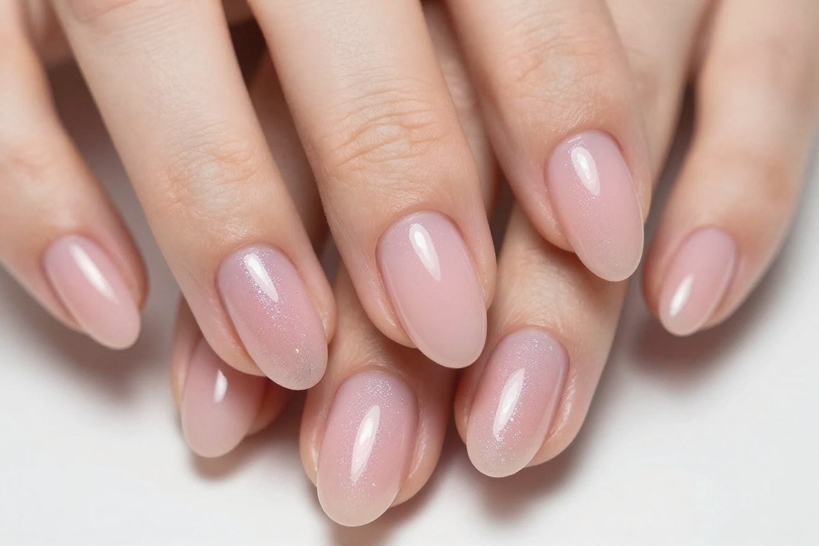 nude pink nails with subtle shimmer finish