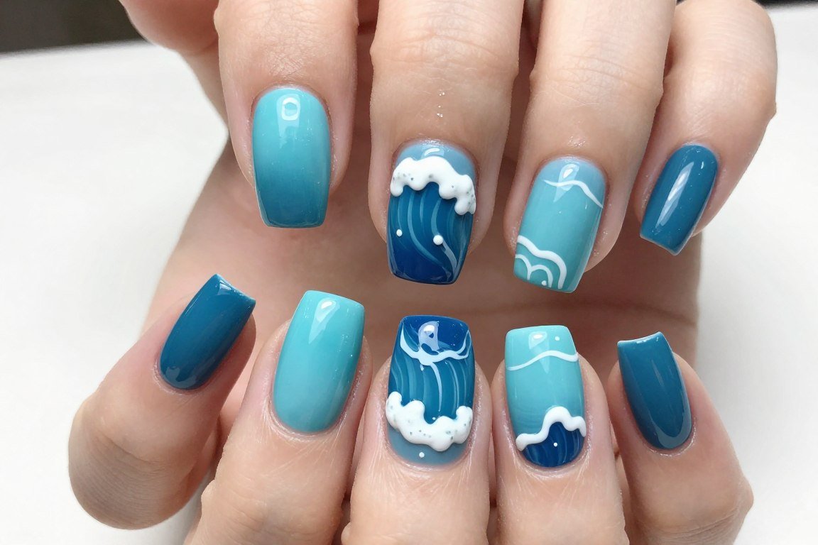 ocean blue wave nail design with water ripple effect