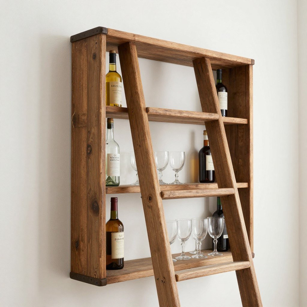 old wooden ladder repurposed as bar shelving