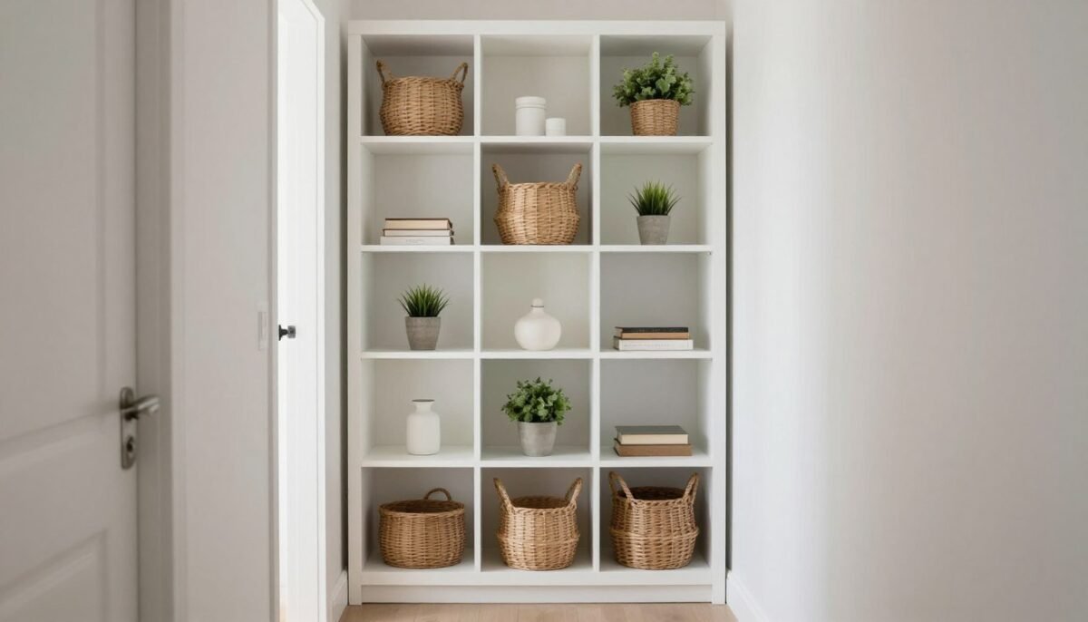 open shelving in hallway styled with baskets and minimal decor