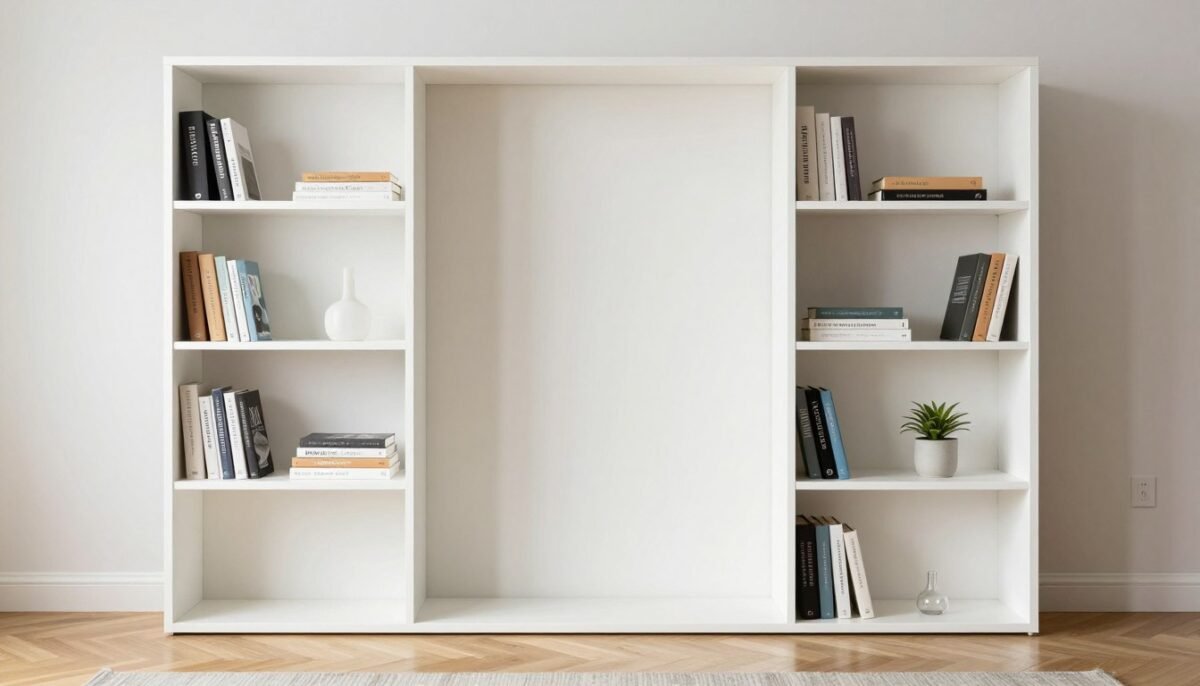 open shelving room divider in small living room