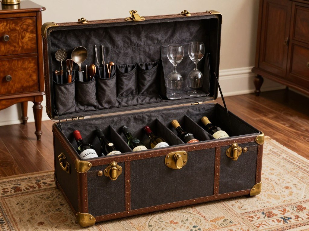 open vintage trunk revealing organized bar setup with bottles, glasses, and accessories inside