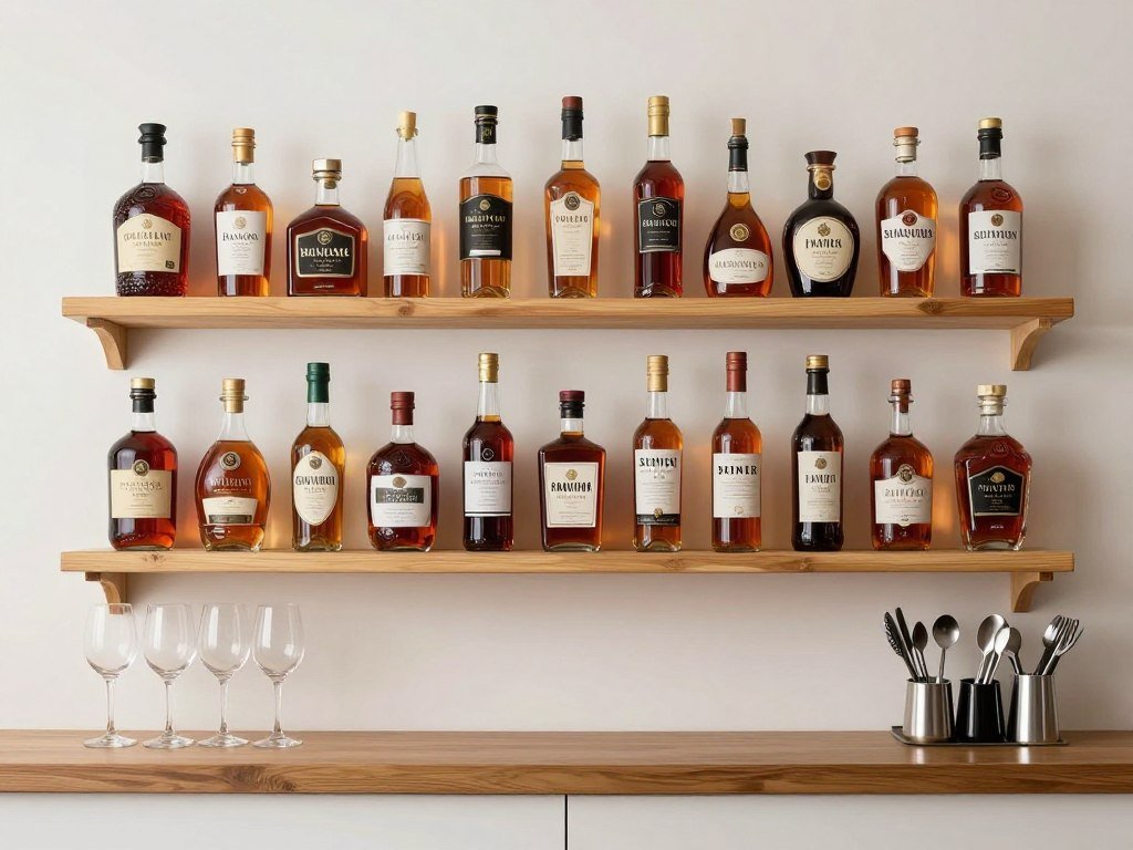 organized bar shelf with tiered risers displaying bottles and glassware