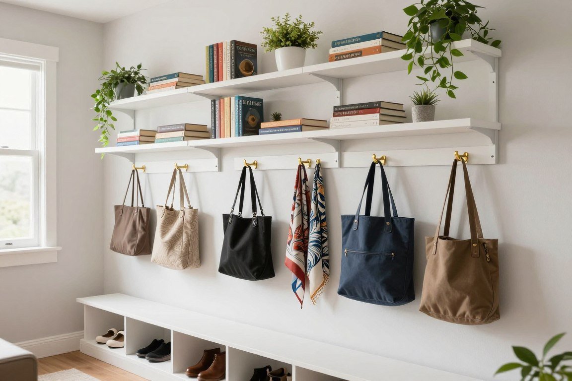 organized hallway wall with various storage solutions at different heights