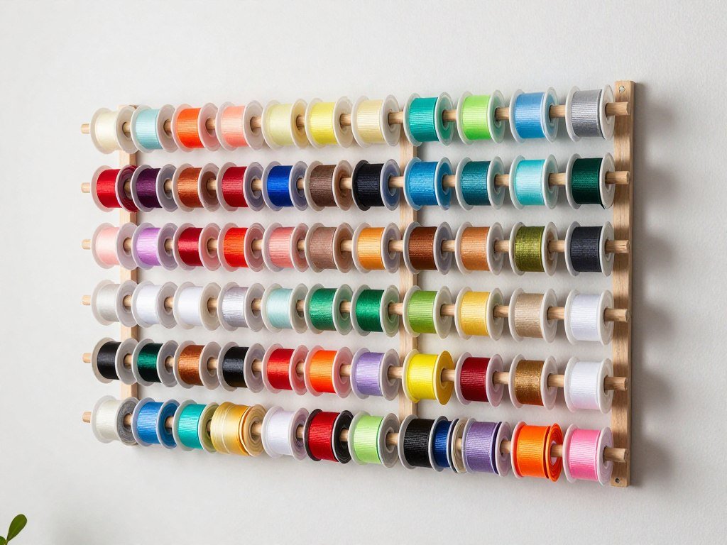 organized ribbon storage on wall-mounted dowel rods