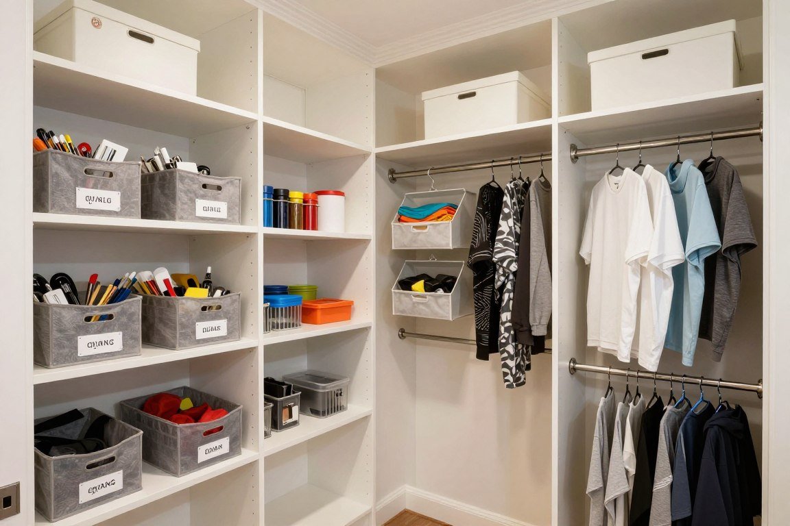 organized walk-in closet converted to craft supply storage