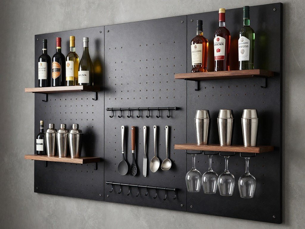 painted pegboard wall with hooks holding bar tools, shelves with bottles, and wine glass holders