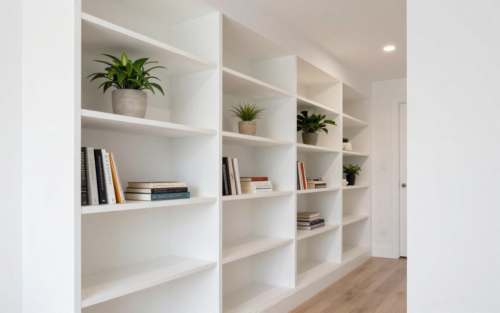 painted shelving blending with wall color in hallway