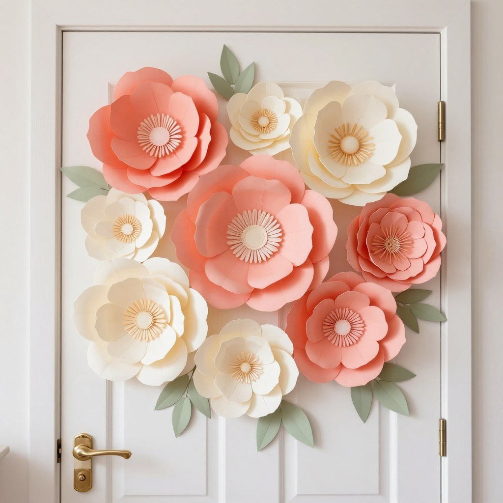 paper flower wall art on bedroom door