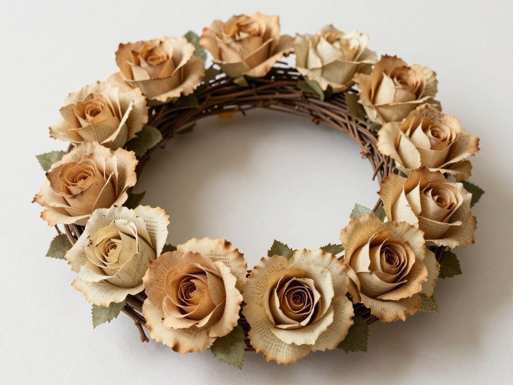 paper roses made from old book pages on wreath
