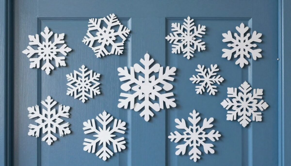 paper snowflake decorations on bedroom door for winter