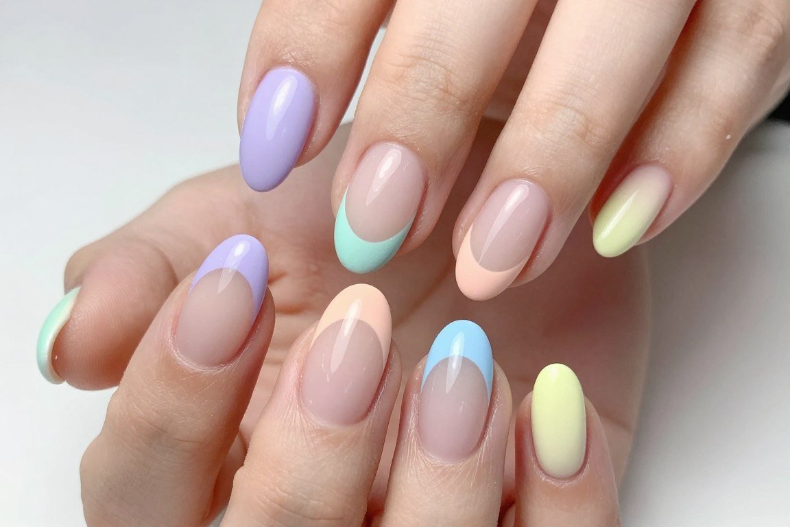 pastel rainbow french tip nails with soft multicolor tips