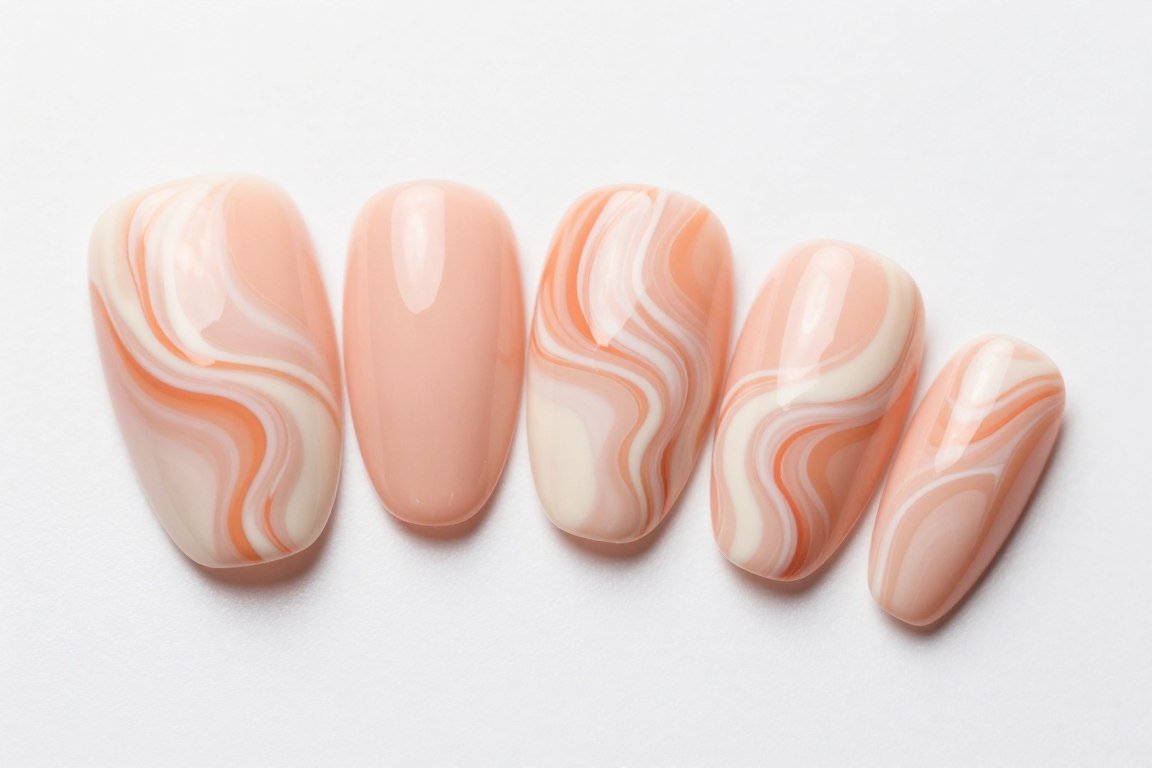 peach and cream marble nail art design