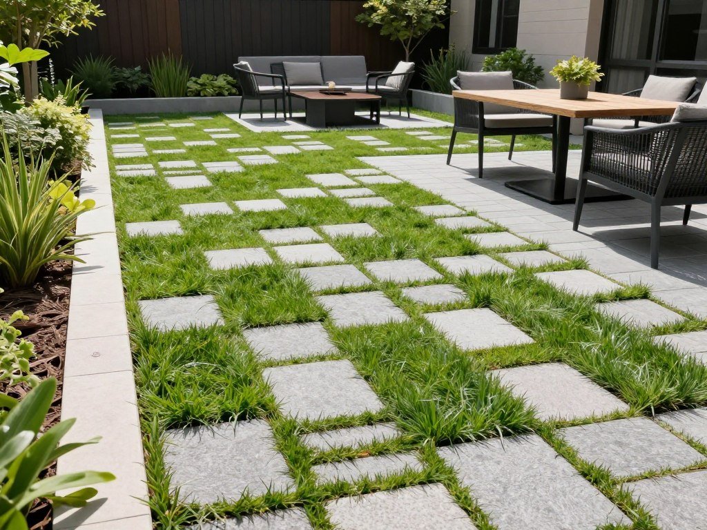 permeable paver patio with grass growing through grid pattern