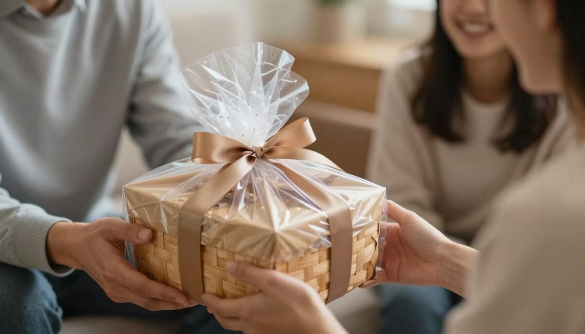 person giving beautiful gift basket to happy recipient