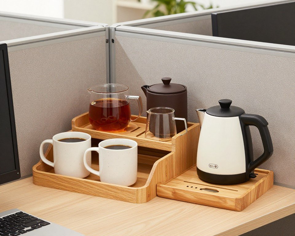 personal coffee and tea station in office cubicle