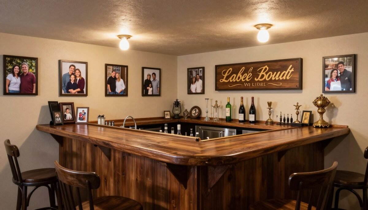 personalized basement bar with custom details and decorations