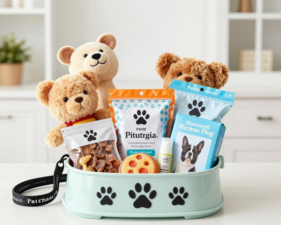 pet gift basket with dog toys and treats