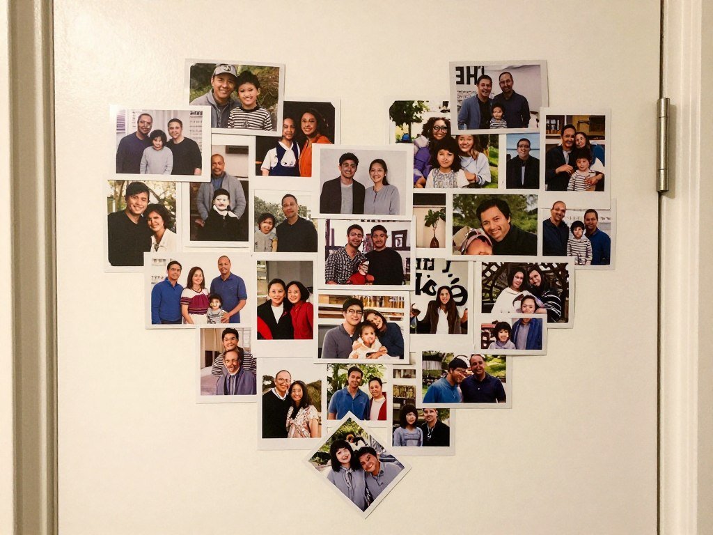 photo collage arrangement on bedroom door with family pictures