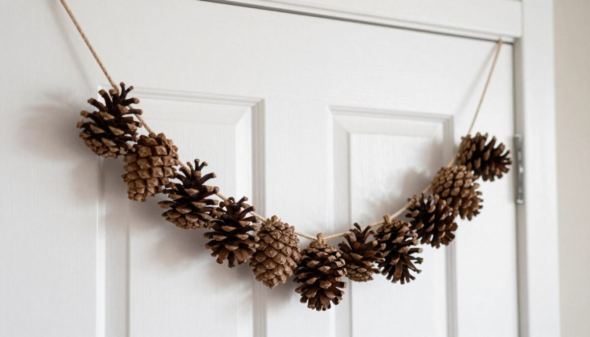pinecone garland hanging on bedroom door for fall decor