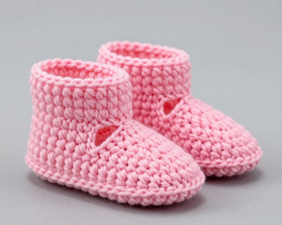 pink crochet baby bootie showing side construction