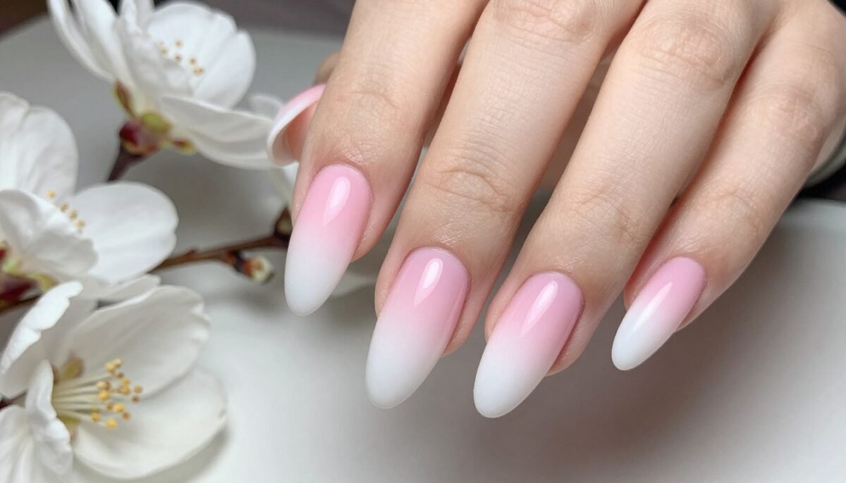 pink to white ombre gradient May nail design