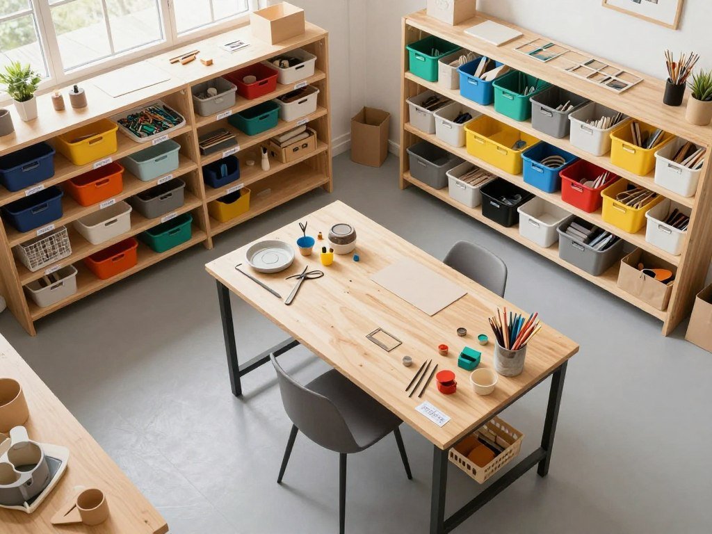 planning layout for craft room with storage bins and shelving units