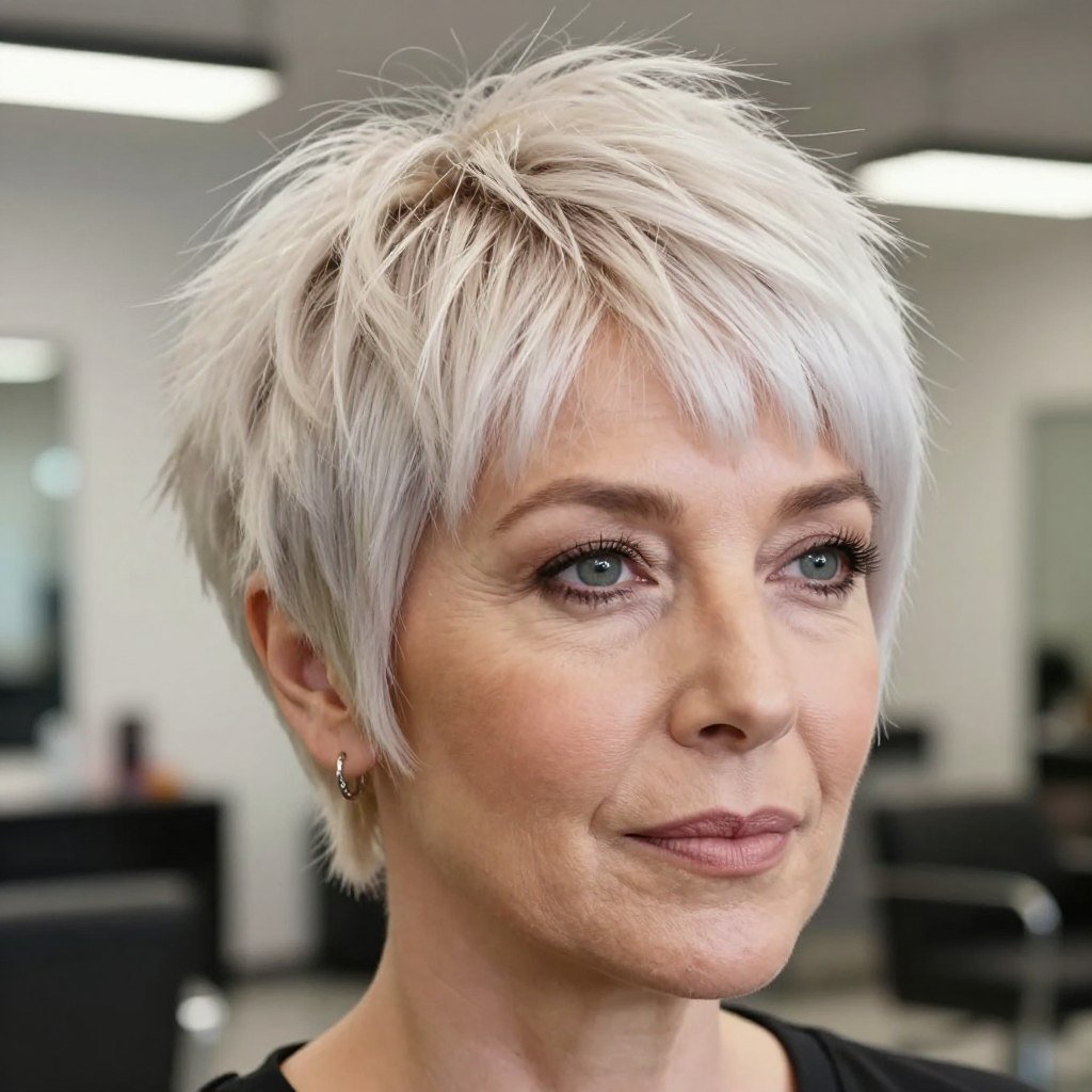 platinum blonde pixie shag with textured layers on woman over 50