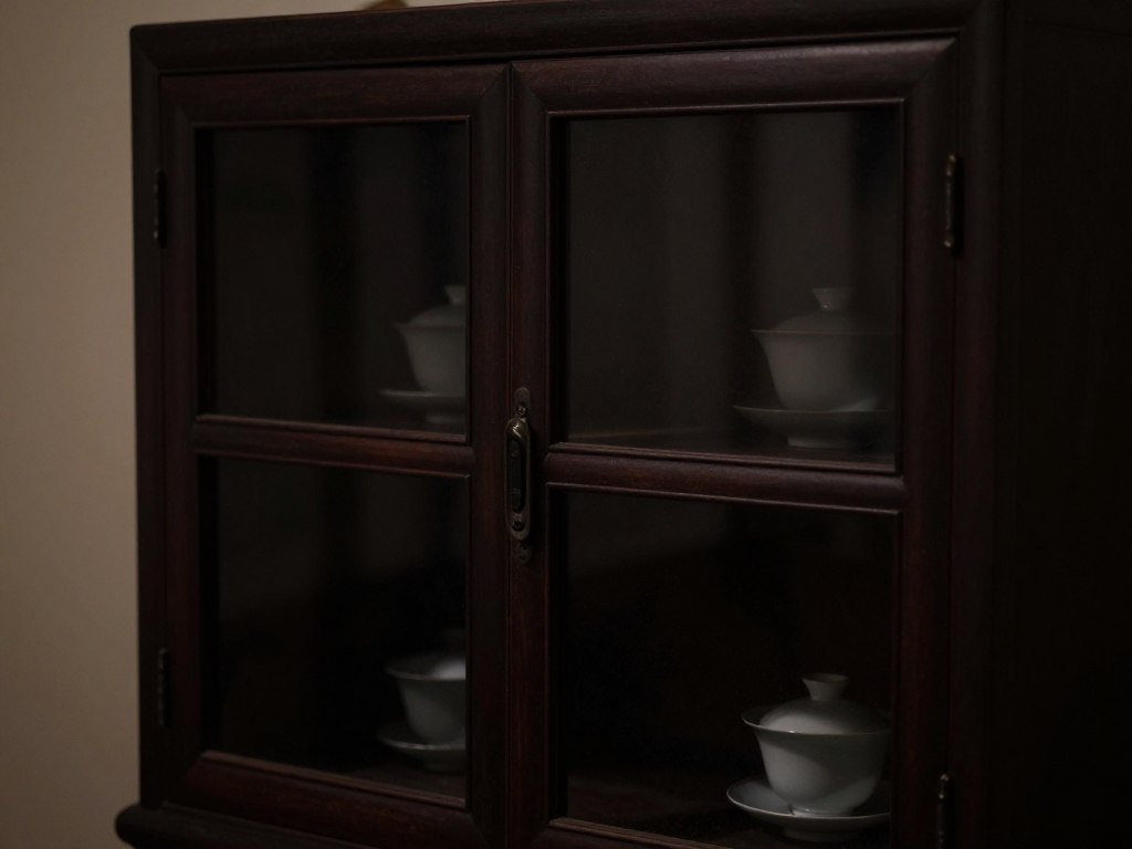 poorly lit tea cup display in dark cabinet