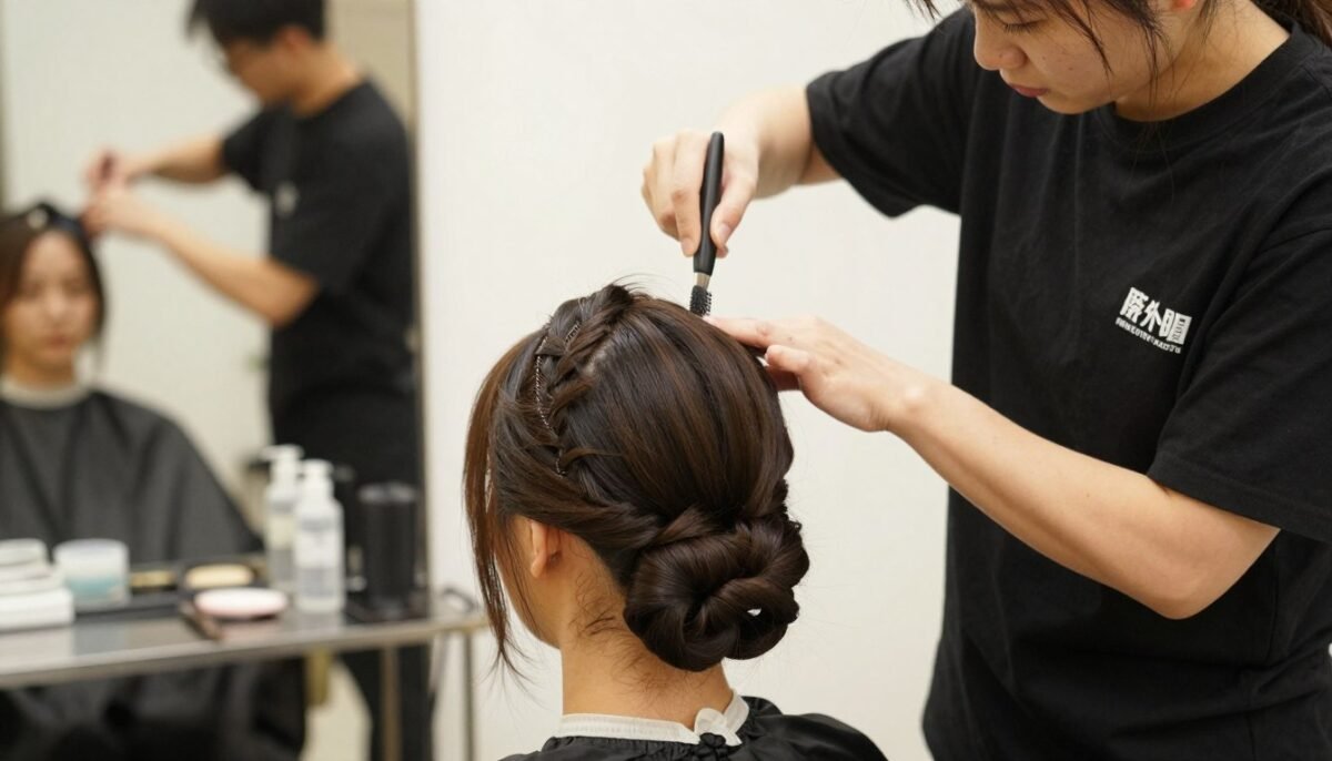professional hair stylist working on formal thin hair updo