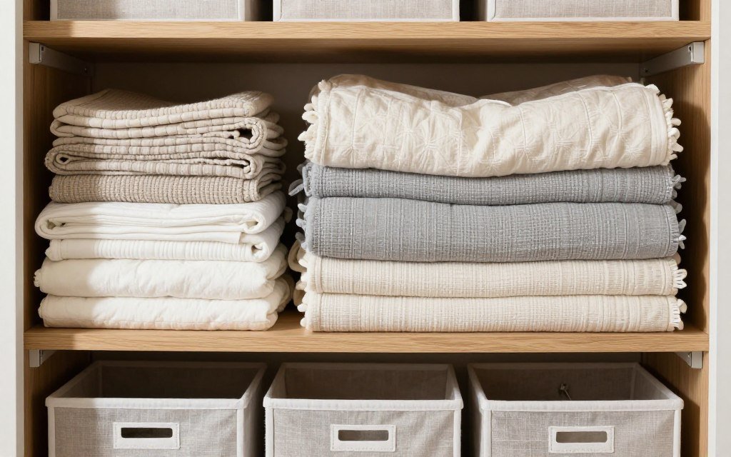 properly stored blankets on shelf