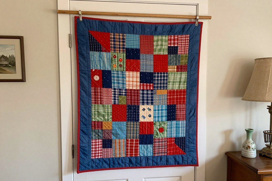 quilted wall hanging displayed on bedroom door