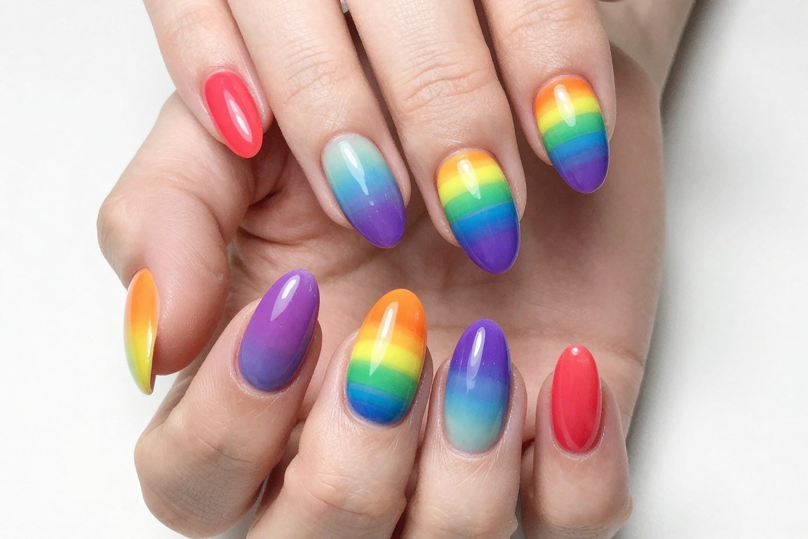 rainbow gradient nail design across all fingers