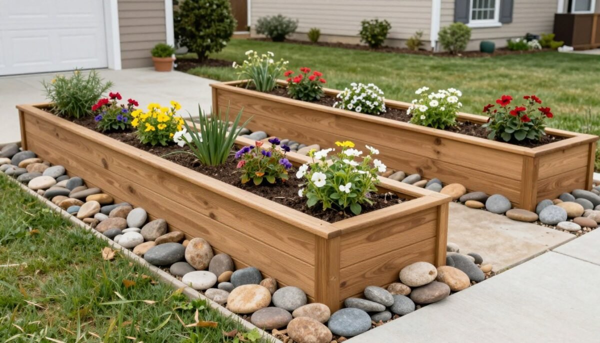 raised garden beds bordered and filled with river rocks in front yard landscape