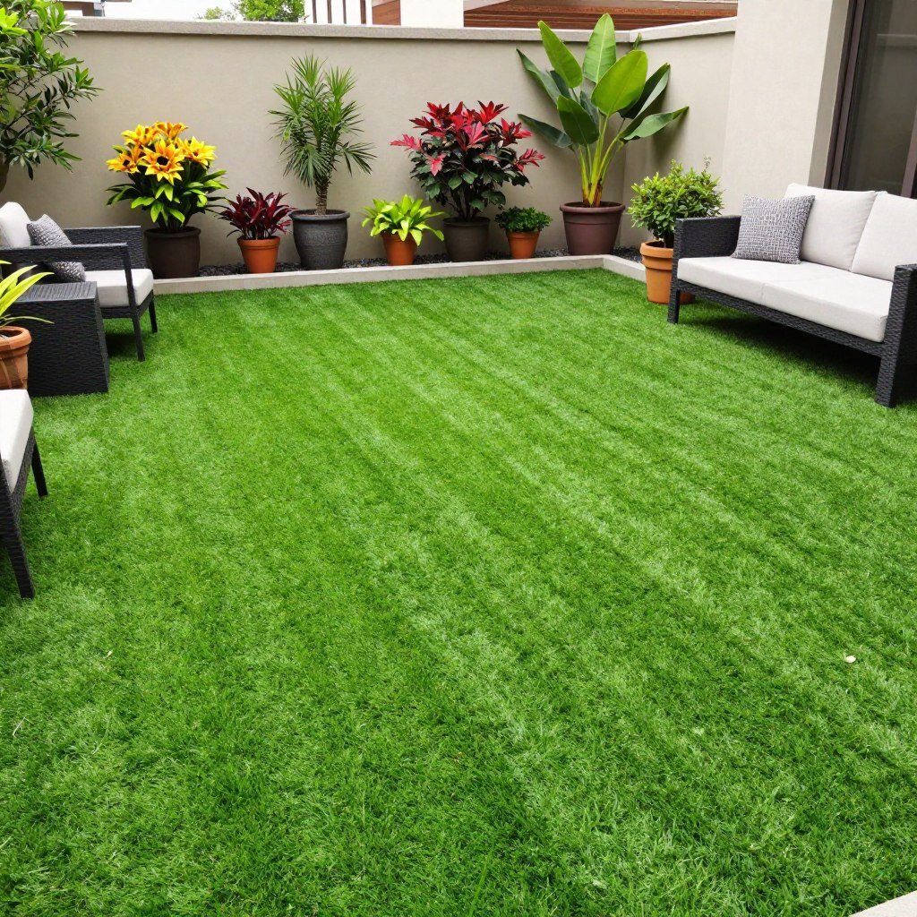 realistic artificial grass patio with outdoor furniture and potted plants