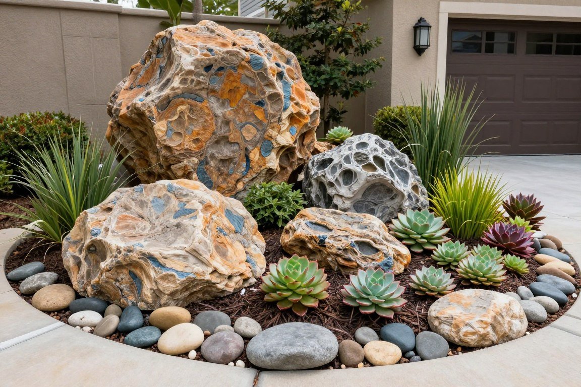 rock garden centerpiece with river rocks, boulders, and colorful succulents in front yard