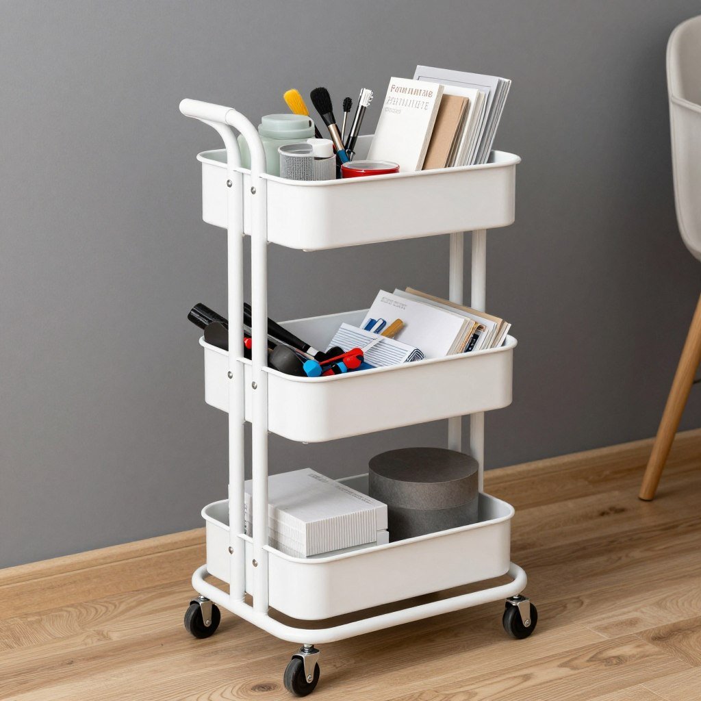 rolling craft cart with organized supplies and tools