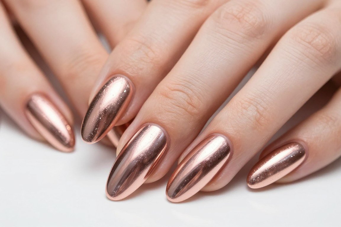 rose gold chrome nails with metallic pink finish