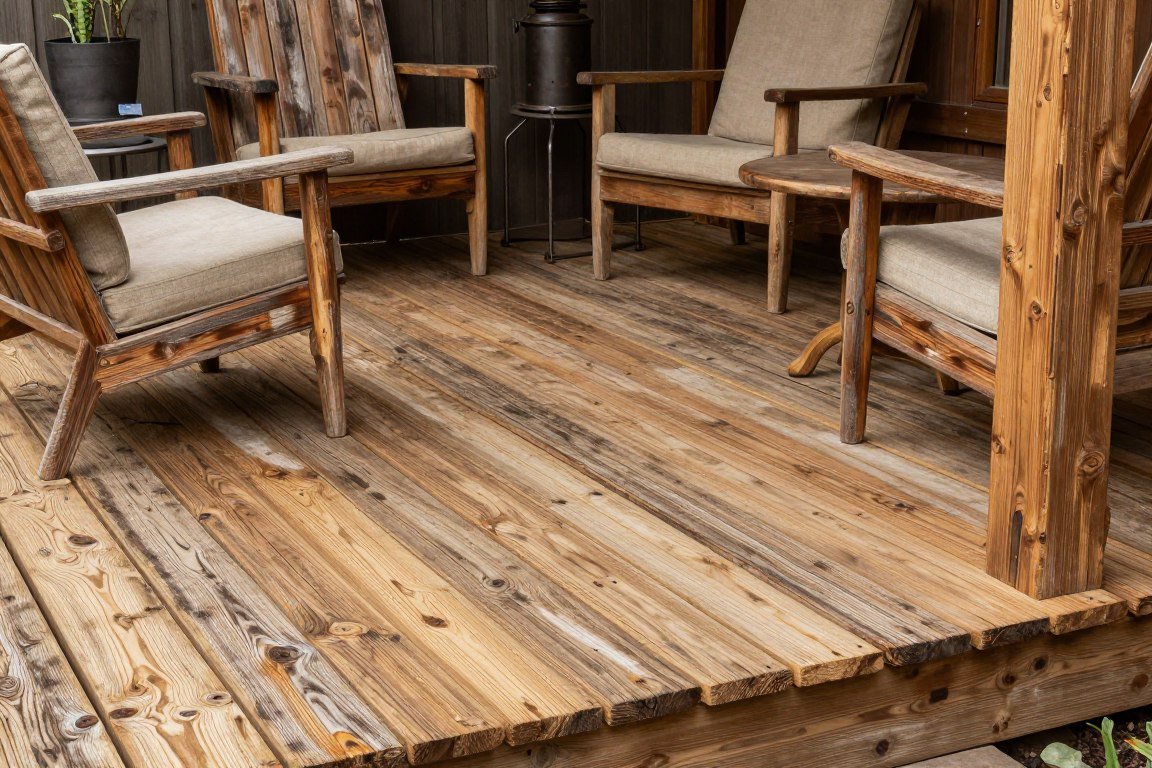 rustic patio with reclaimed wood decking and vintage outdoor furniture