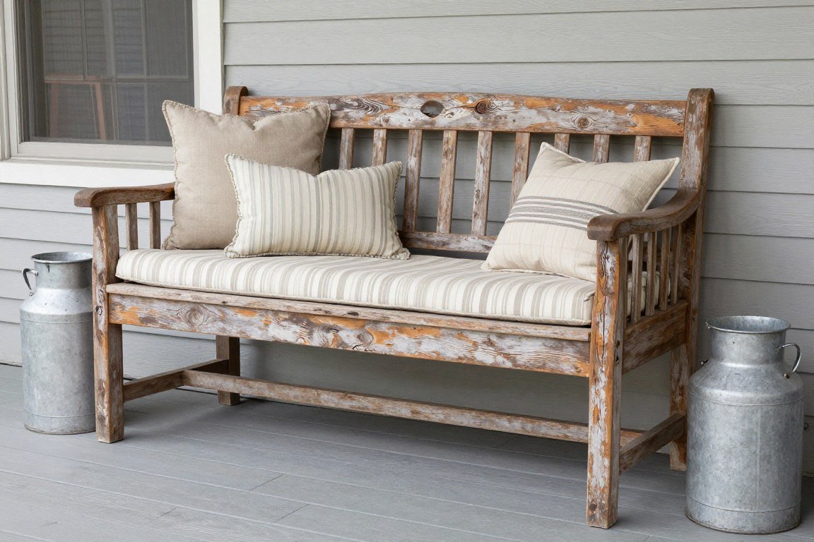 rustic wooden bench on farmhouse porch with cushions