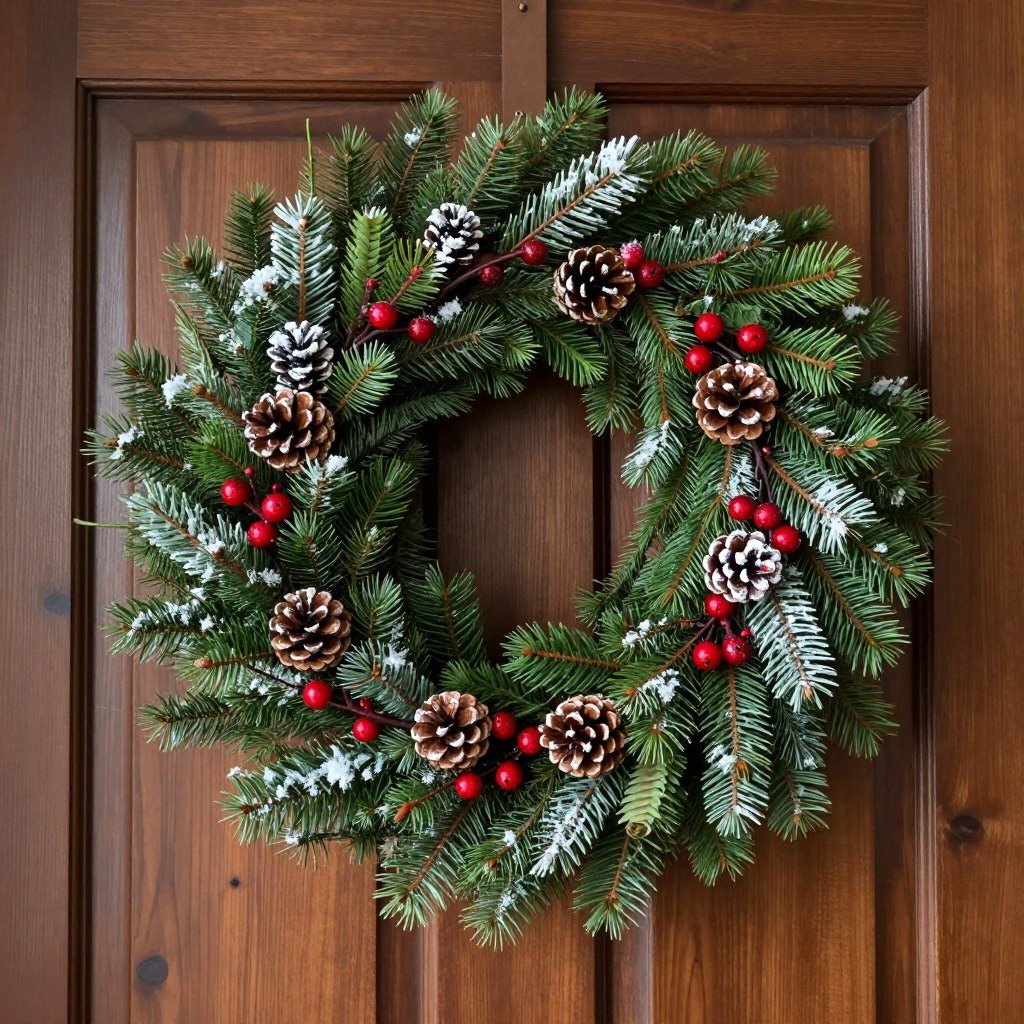 seasonal winter wreath with greenery and pinecones