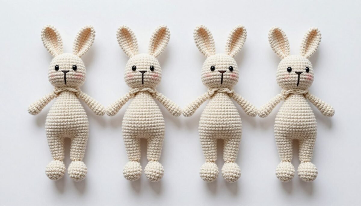 set of four crochet bunny limbs arranged on table