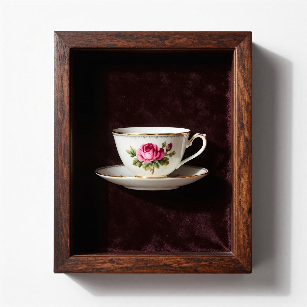 shadow box displaying antique tea cup with dramatic lighting