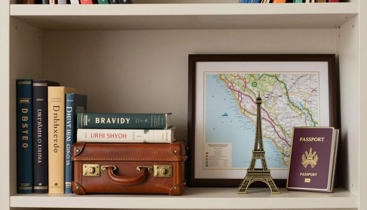 shelf vignette telling travel story with guidebooks, maps, and souvenirs