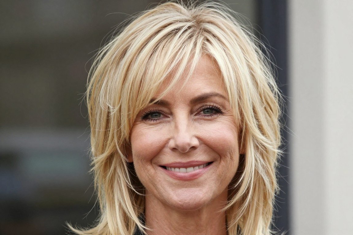 shoulder-length blonde shag with curtain bangs