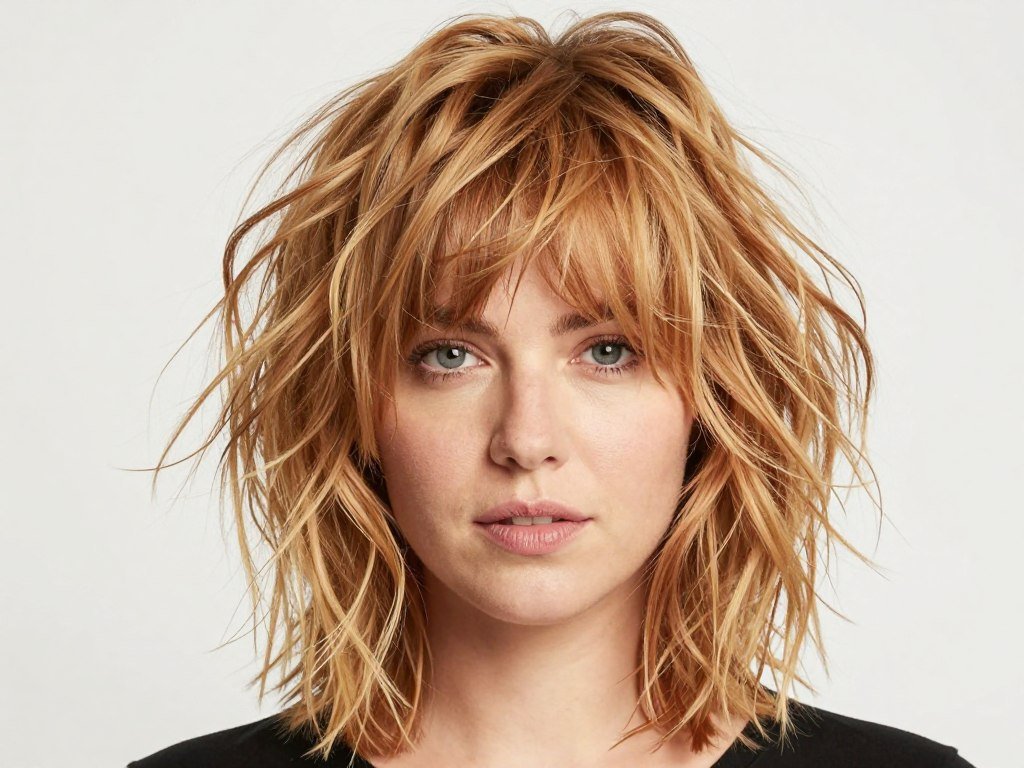 shoulder-length shag haircut round face volume