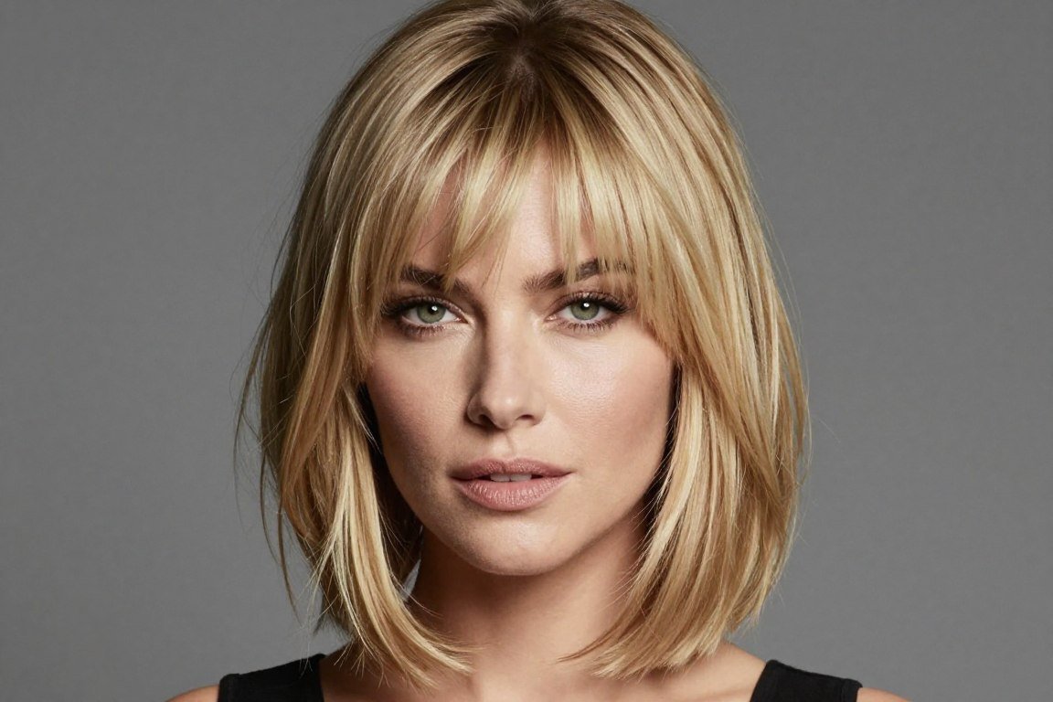 side swept bangs with layered medium length haircut for fine hair